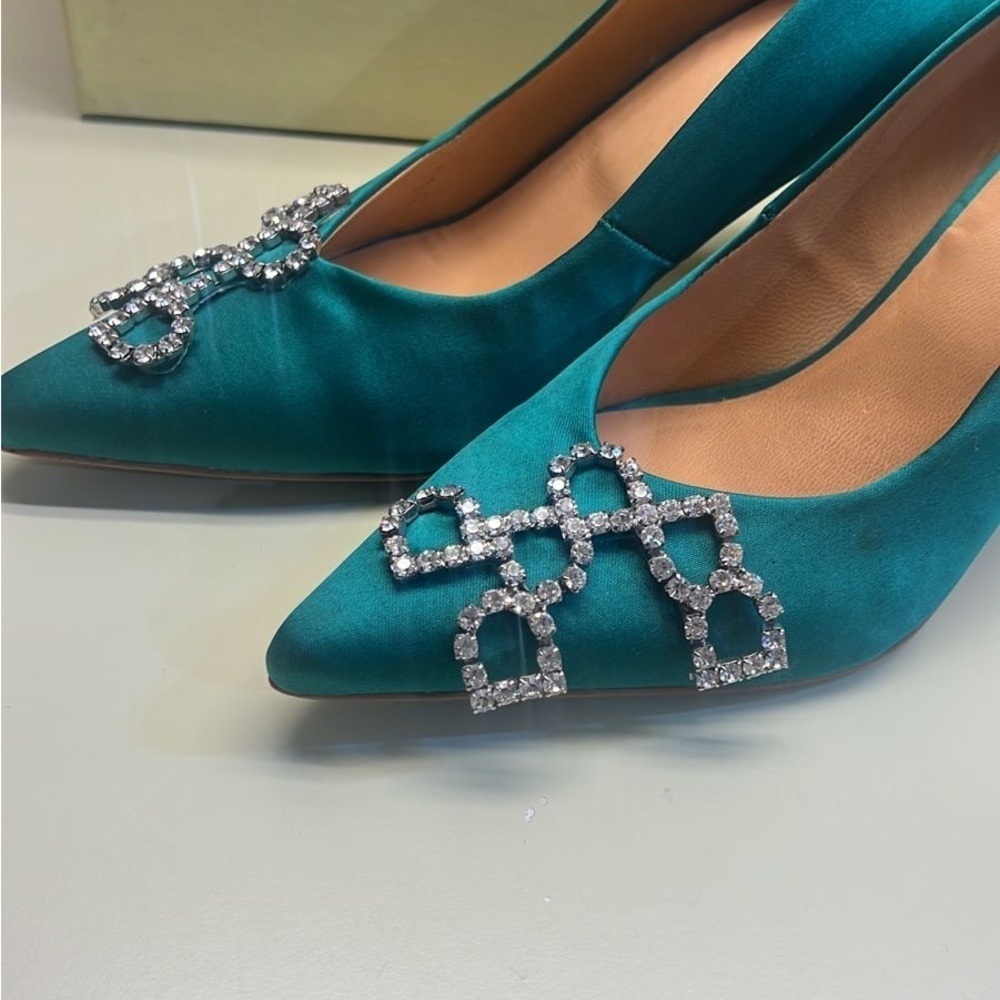 Day Birger et Mikkelsen Elegant Teal Satin Heels with Crystal Embellishments - Picture 7 of 11
